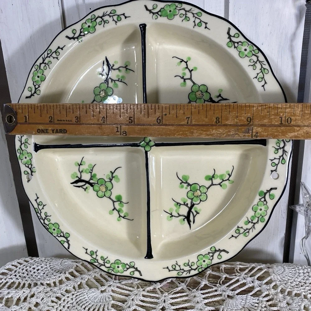 Antique Moriyama Green Cherry Blossom 4 Divider Dish Hand Painted Japan 1920-30s